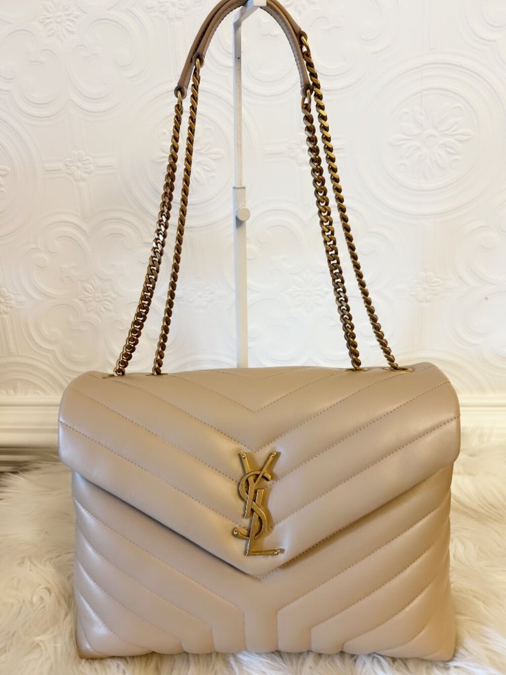 Saint Laurent Medium Lou Leather Puffer Bag Crossbody Shoulder Beige Neutral